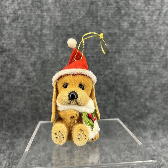 Other - Vintage Christmas Ornament Flocked Brown Puppy Dog In Santa Hat W/Scarf & Holly